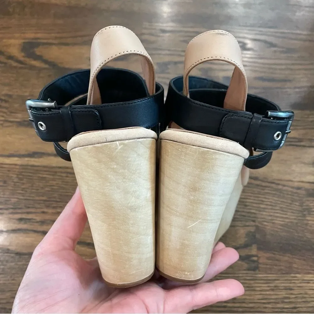 RACHEL COMEY Ceres Wedge Sandals Tan & Black Leather Wrap Around Ankle Strap